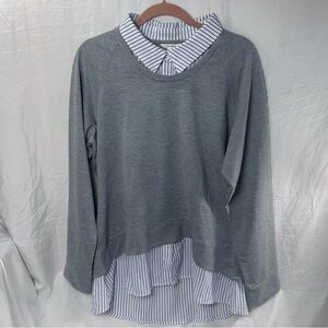 Women’s XL Cavalini Faux Layered Gray Sweater w/ Pinstripe Button-Up Attached
